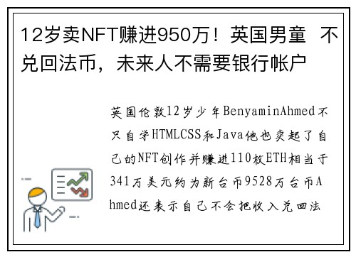 12岁卖NFT赚进950万！英国男童  不兑回法币，未来人不需要银行帐户