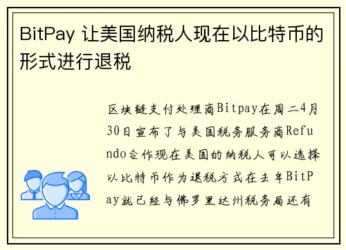 BitPay 让美国纳税人现在以比特币的形式进行退税