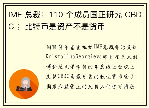 IMF 总裁：110 个成员国正研究 CBDC ；比特币是资产不是货币