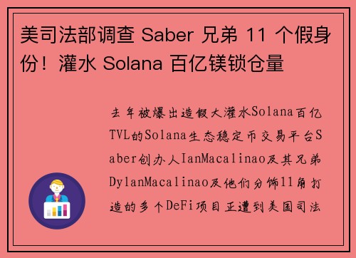 美司法部调查 Saber 兄弟 11 个假身份！灌水 Solana 百亿镁锁仓量